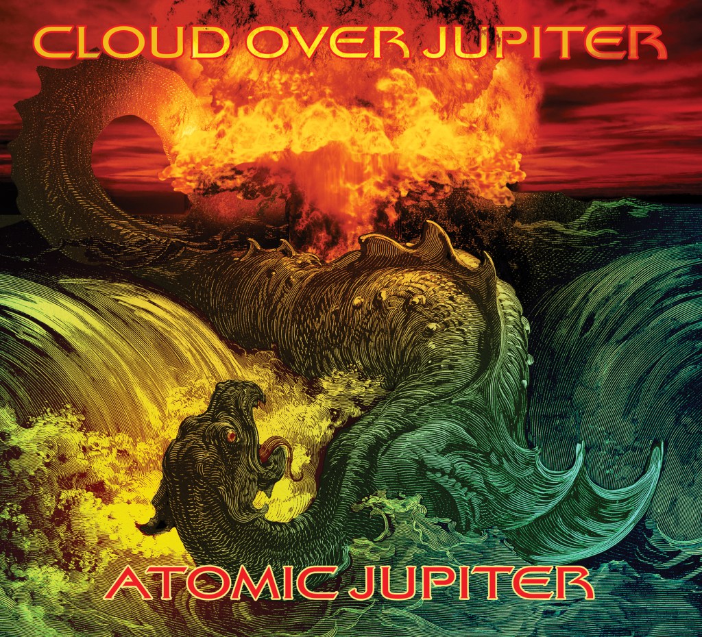 album cover showing sea monster with his tail on fire in a colorful storm of waves