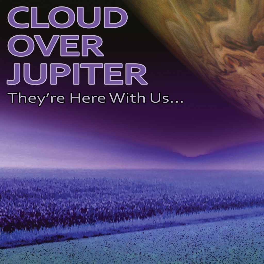 album cover with a image of a field bathed in purple light, part of planet Jupiter in the sky in the right corner